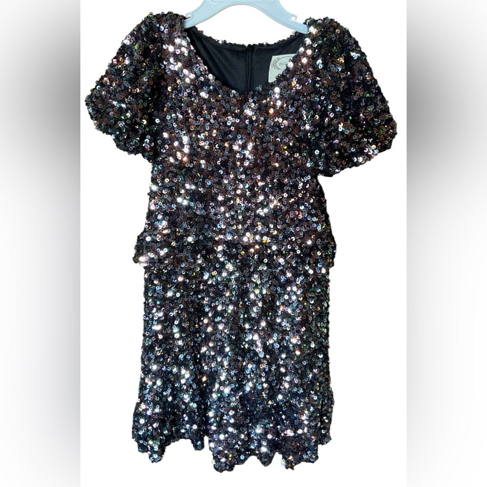 Mia Joy Joyfolie Girls Size 2 Sequin Puff Sleeve Dress Layered Knee Length EUC